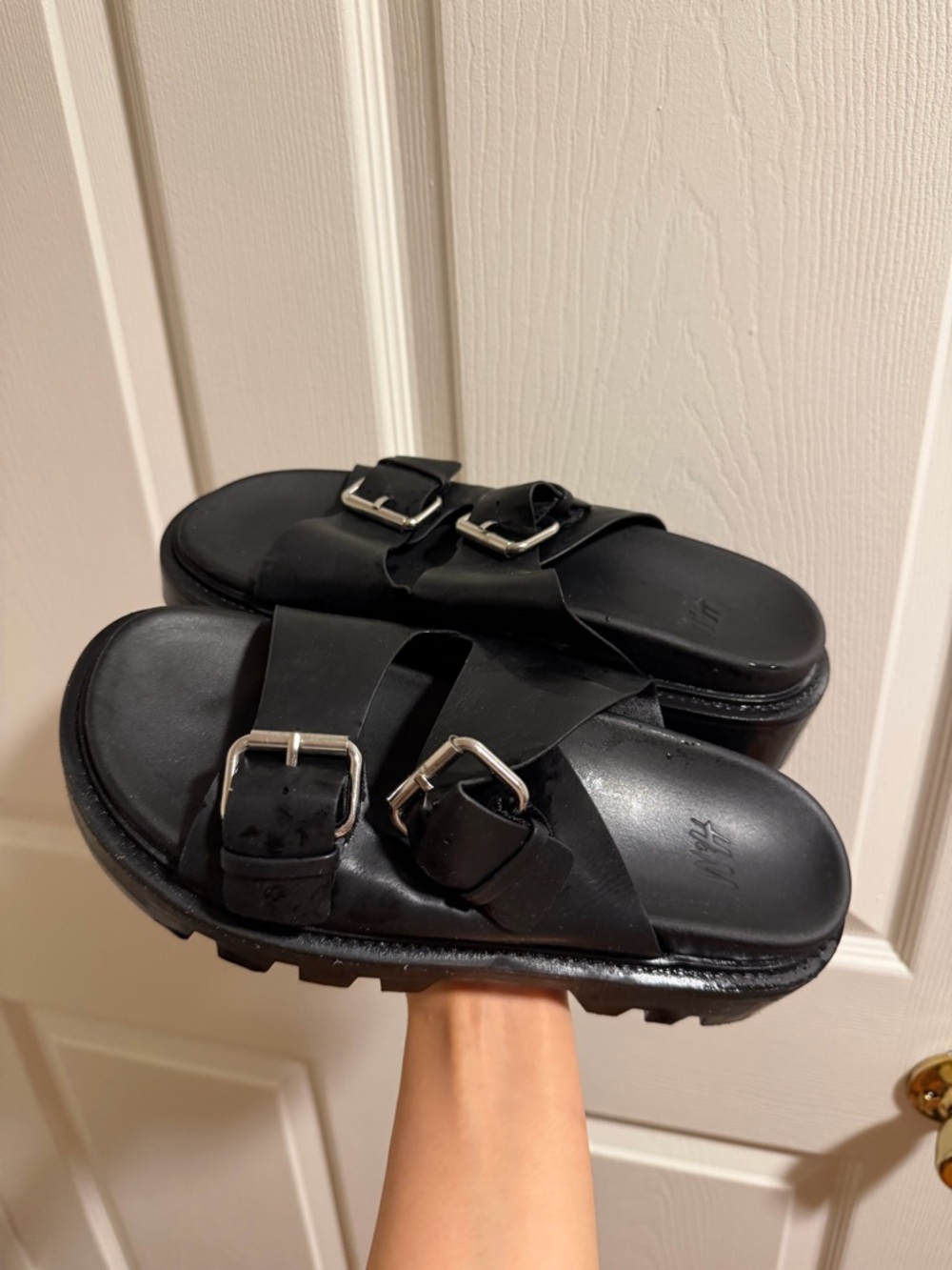 H&M Black Double-Buckle Cross-Strap Slides